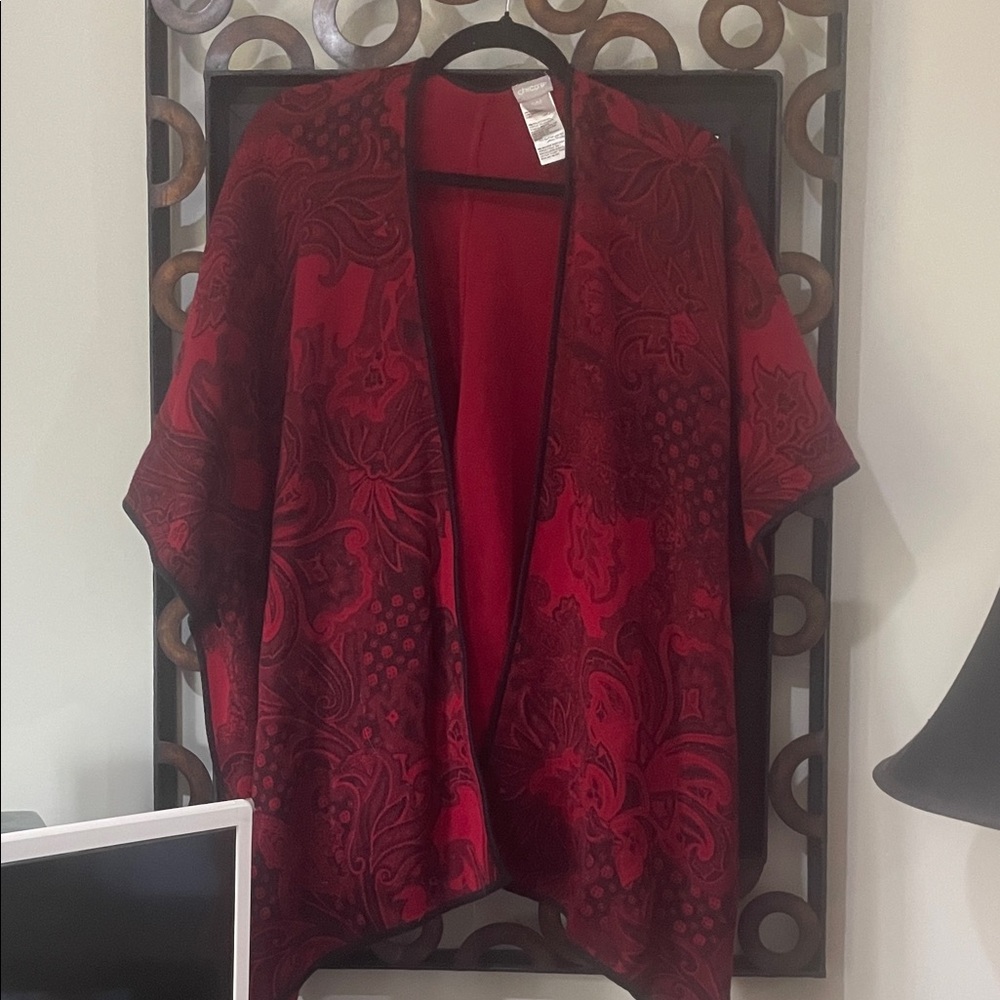 Chicos Red and Black Floral Ruana